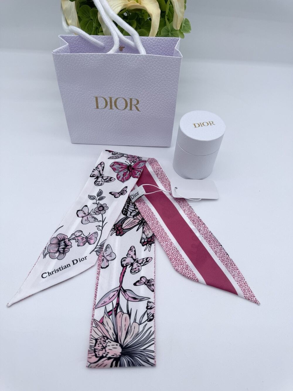 Christian Dior GWP Silk Ribbon Scarf Red Floral Butterfly Print 41.3" Gift Box